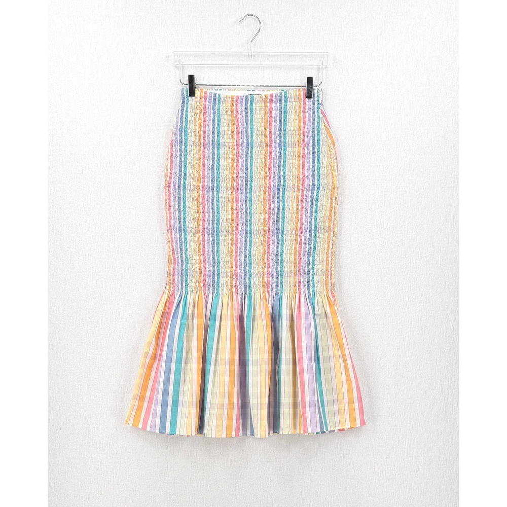 J CREW Smocked Midi Skirt Rainbow Stripe Womens White Pink Cotton Resort NEW - Picture 3 of 16